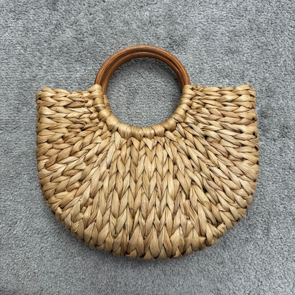Unbranded Woven Straw Half Moon Basket Bag Womens Tan Wood Handles Drawstring